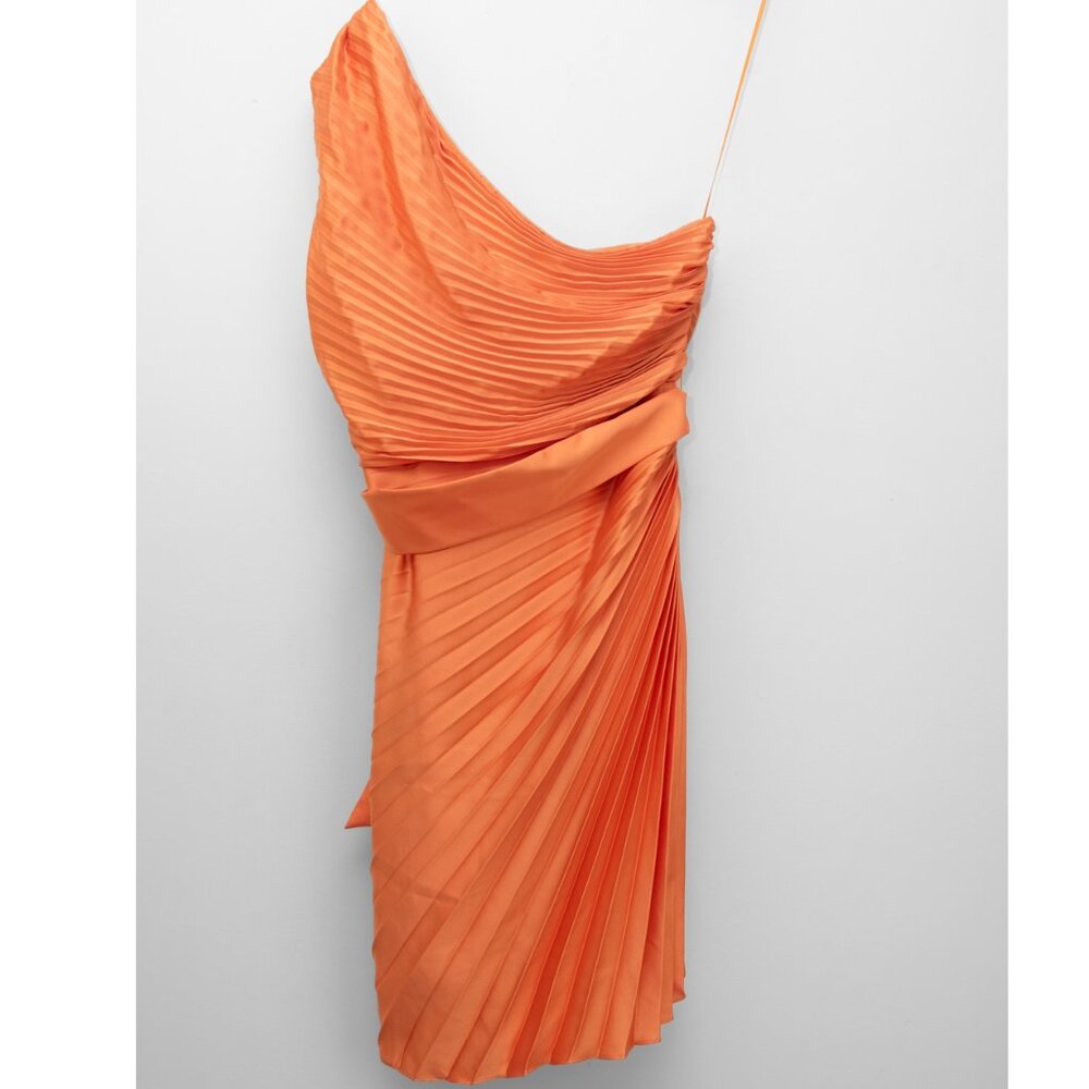 Milly Estie Dress Mini Satin Pleated One Shoulder Mini Belted Orange Size 12 - Picture 2 of 6